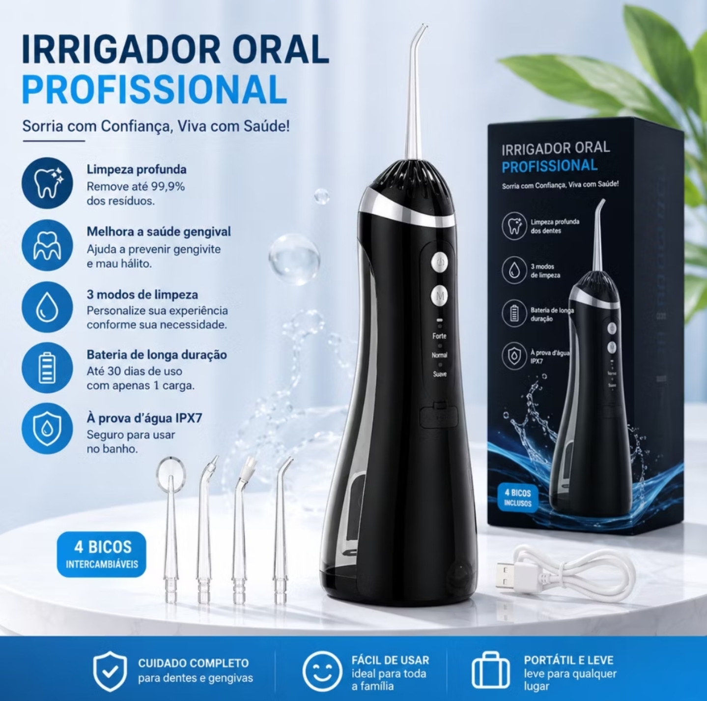 Irrigador Oral Portátil IPX7 — 3 modos, preto/branco