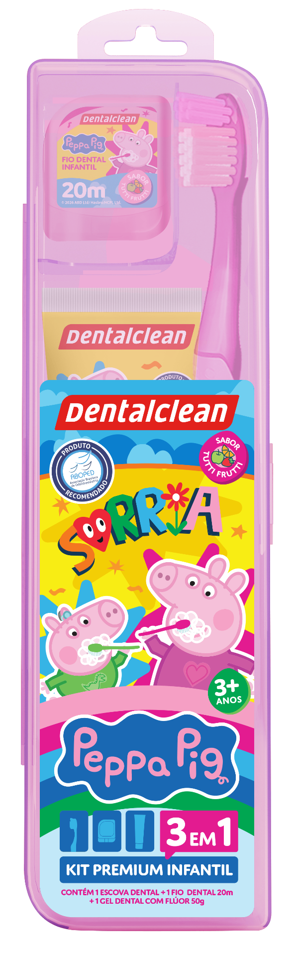 Kit Premium Infantil Dentalclean Peppa Pig 3 em 1 (Rosa) — Escova + Fio Dental 20m + Gel 50g