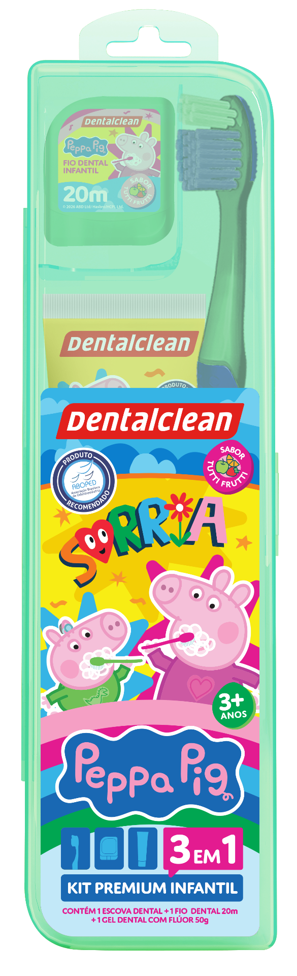 Kit Premium Infantil Dentalclean Peppa Pig 3 em 1 (Verde/George) — Escova + Fio Dental 20m + Gel 50g