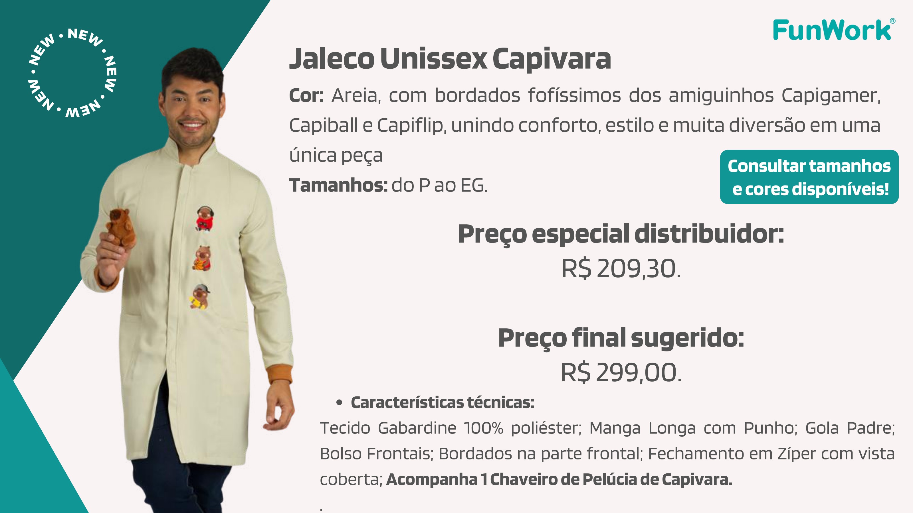 Jaleco Unissex FunWork Capivara (Areia, com bordados)