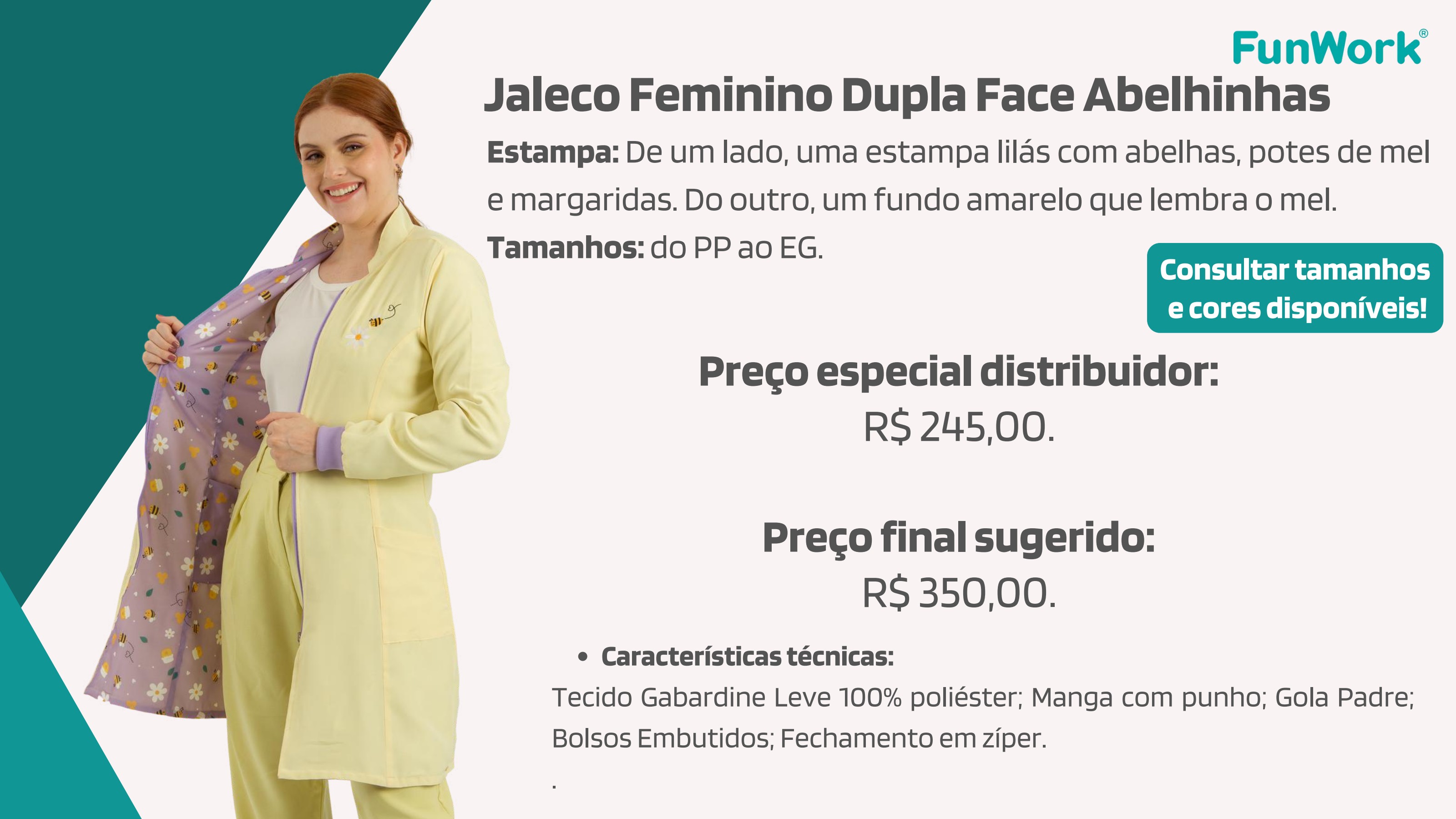 Jaleco Feminino FunWork Dupla Face Abelhinhas
