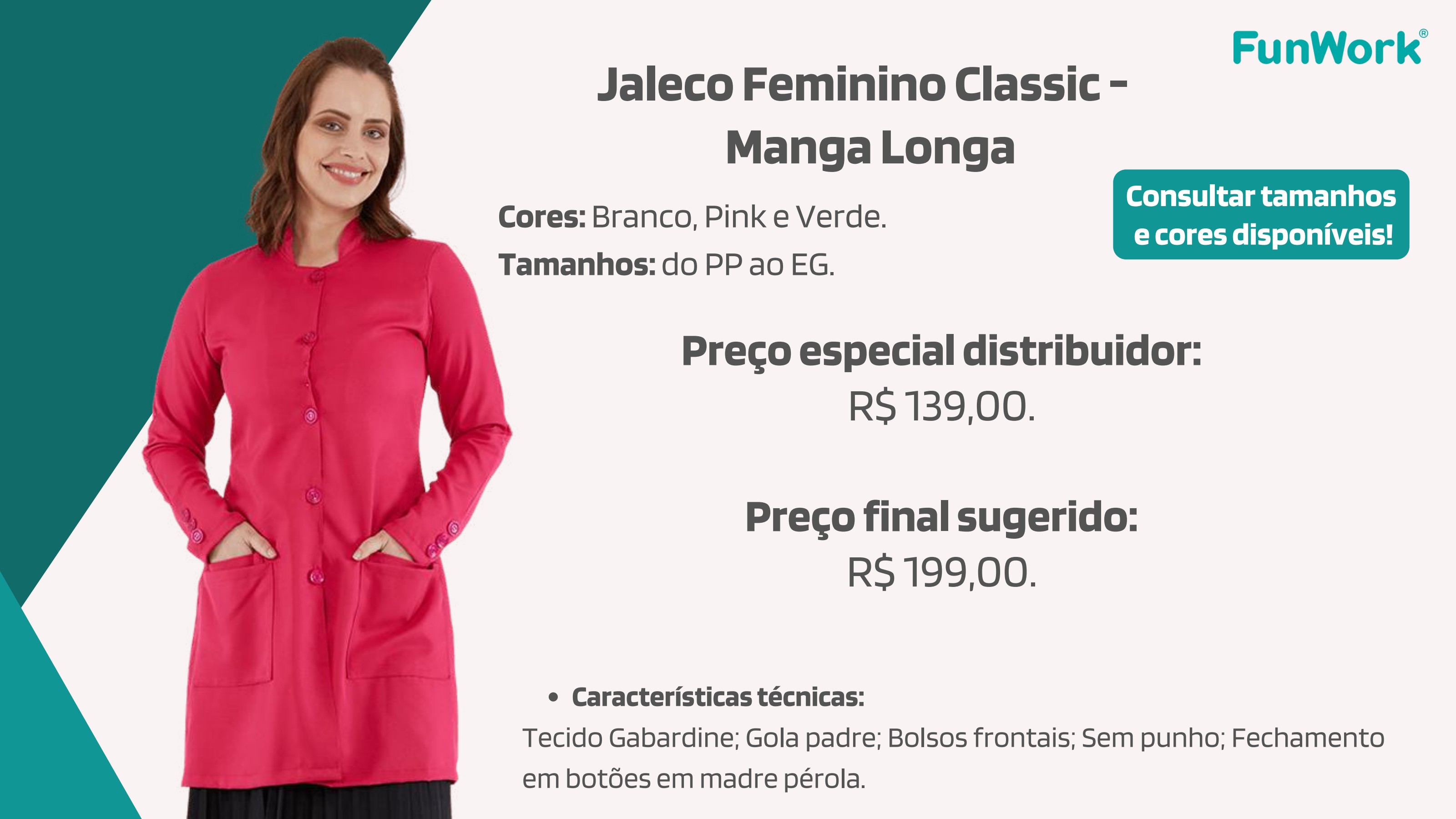 Jaleco Feminino FunWork Classic — Manga Longa