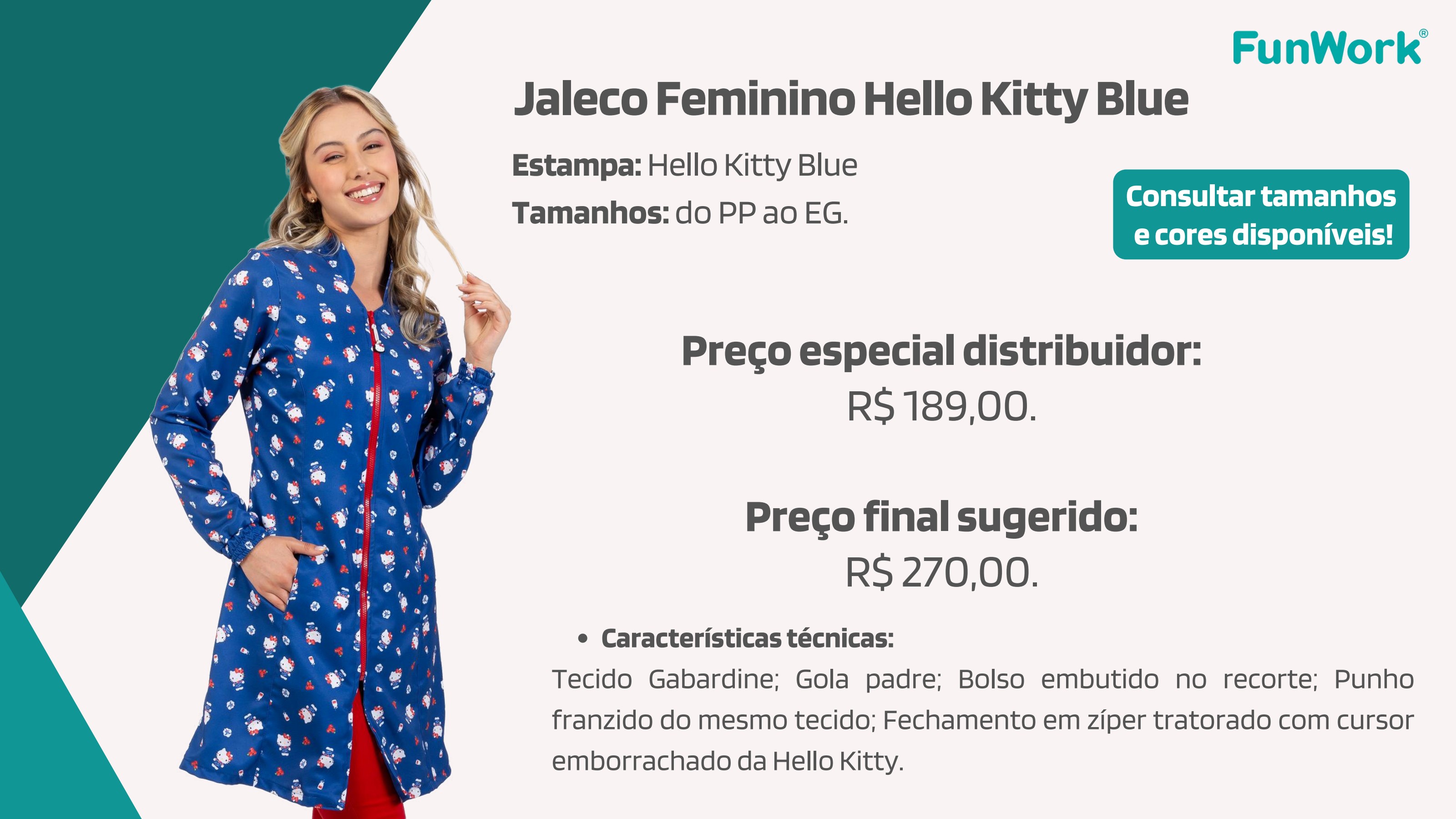 Jaleco Feminino FunWork Hello Kitty Blue
