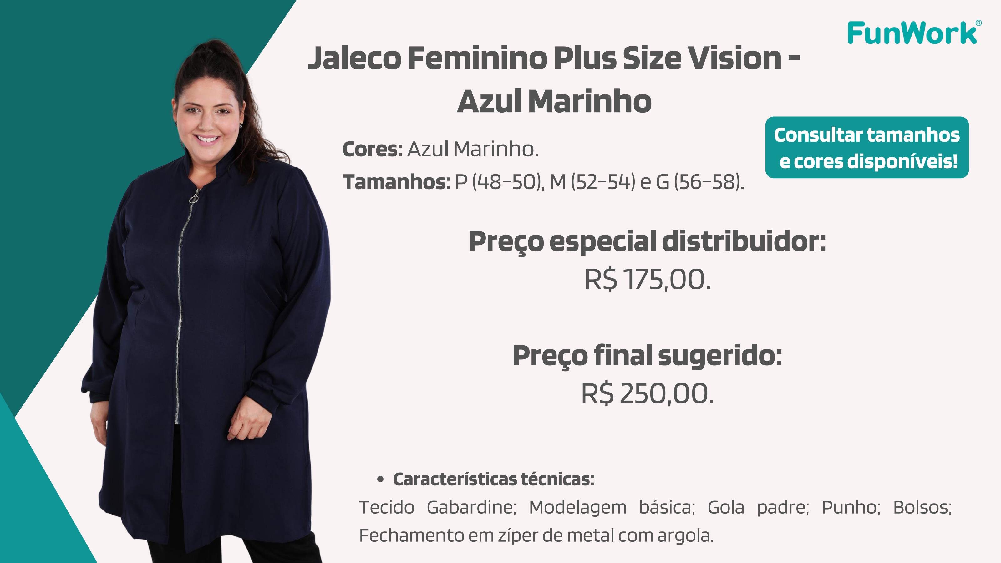 Jaleco Feminino FunWork Plus Size Vision — Azul Marinho